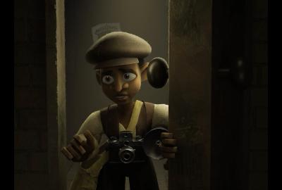 A young man with a camera looks through a door